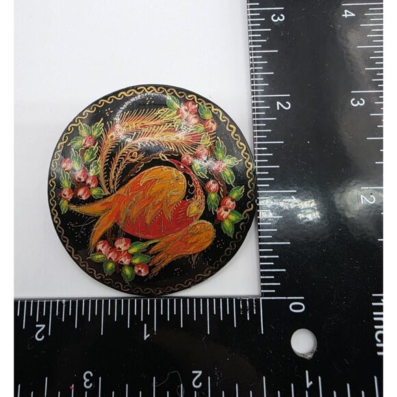 Russian Hand Painted Signed Black Lacquer Floral & Fire Bird Round Brooch Pin 2" - Picture 2 of 11